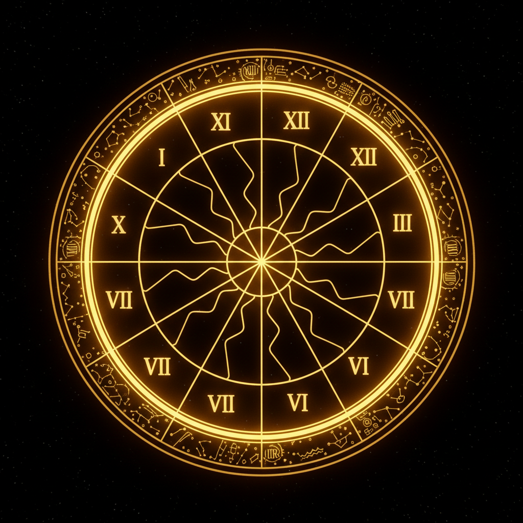 12 nhà chiêm tinh — bánh xe chia thành 12 phần đại diện cho 12 lĩnh vực đời sống trong bản đồ sao