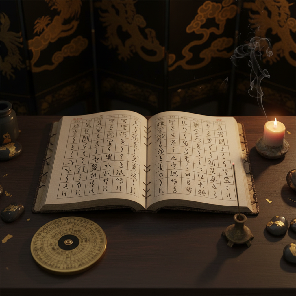 Hoàng Lịch truyền thống Trung Hoa mở trên bàn gỗ cùng la bàn Luopan