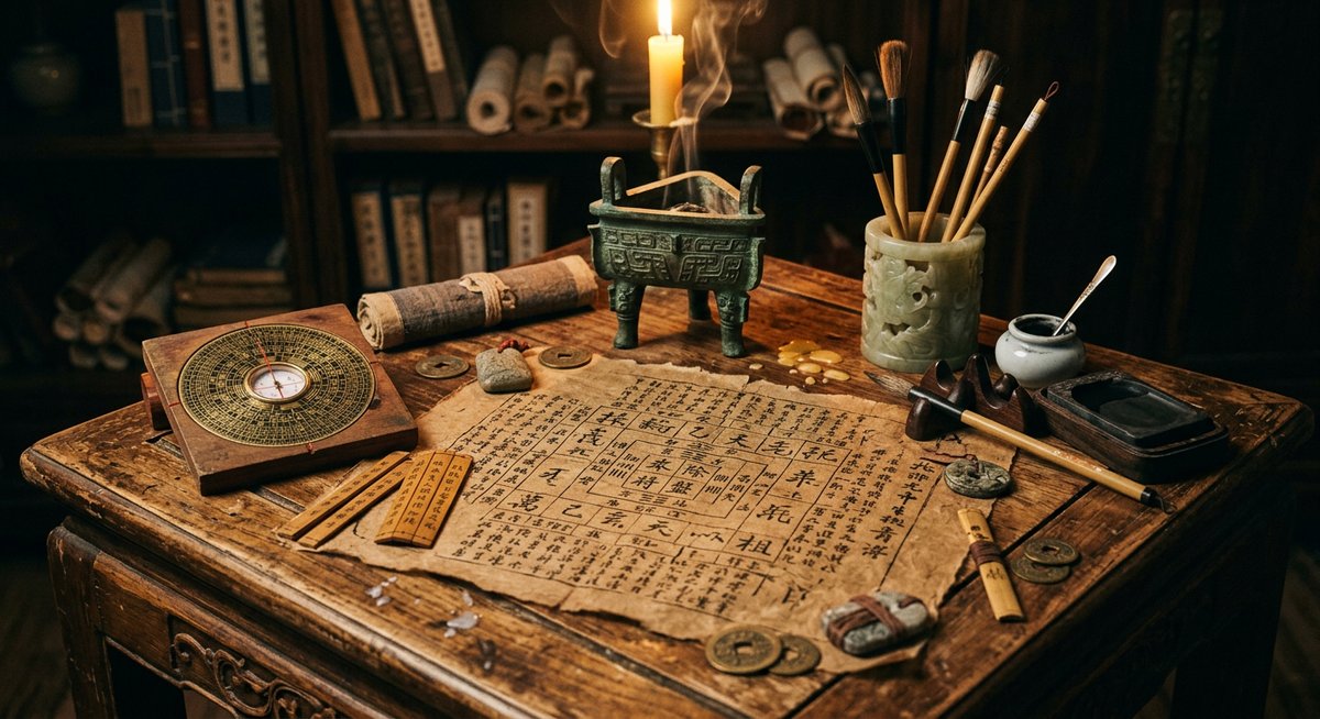 Bàn luận mệnh Tử Vi cổ — mệnh bàn viết tay trên giấy dó, lư đồng trầm hương, bút ngọc