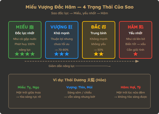 Sơ đồ 4 trạng thái Miếu Vượng Đắc Hãm của chính tinh, ví dụ Thái Dương