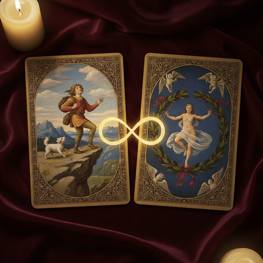 Bộ bài Tarot với ánh sáng huyền bí, trọng tâm là lá The Fool và lá The World