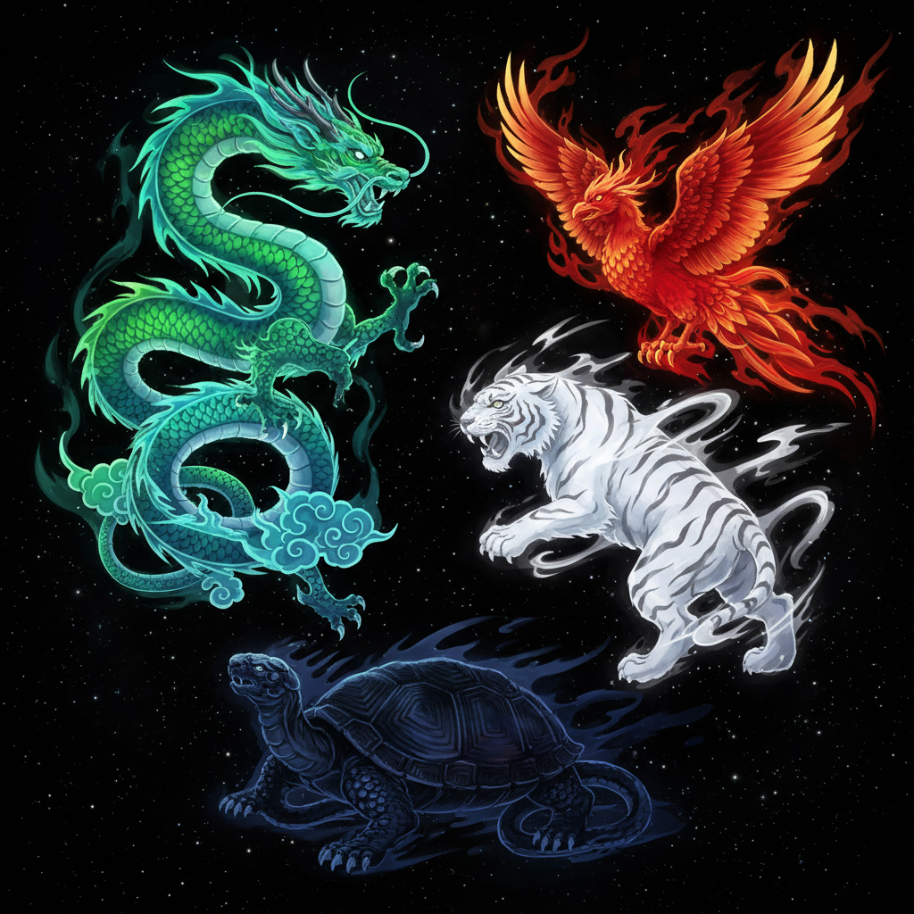 Minh họa 4 linh thú Tứ Tượng trên thiên cầu cổ đại