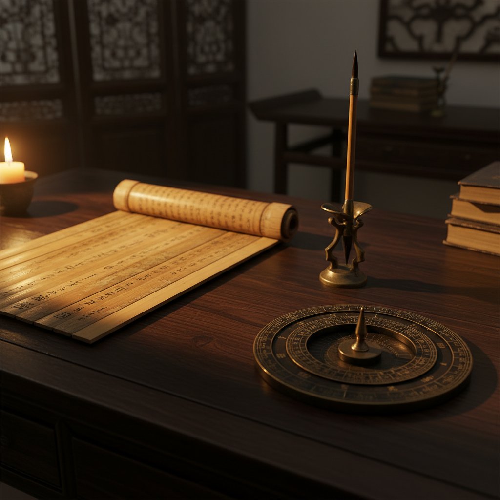 Bàn gỗ cổ với cuốn lịch Can Chi mở trang ghi Lục Thập Hoa Giáp, bên cạnh là la bàn Luopan đồng và bút lông mực