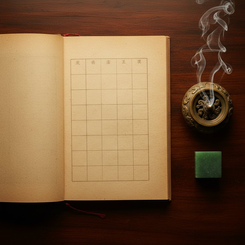 Cuốn sách cổ Tam Mệnh Thông Hội mở trang ghi bảng Nạp Âm, bên cạnh là bút lông mực và đĩa mực đen trên bàn gỗ