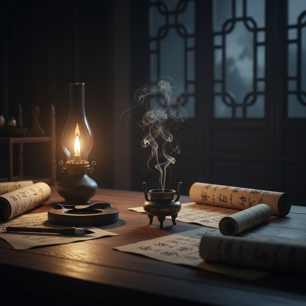 Bàn học cổ với cuộn thư Kinh Dịch, đèn dầu và không gian huyền bí tối ấm