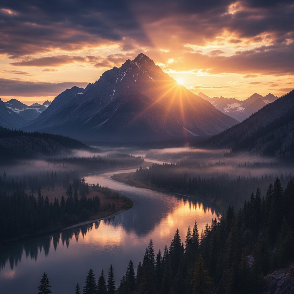 Phong cảnh hoàng hôn núi non với ánh sáng và bóng tối giao nhau, tượng trưng sự cân bằng âm dương trong thiên nhiên