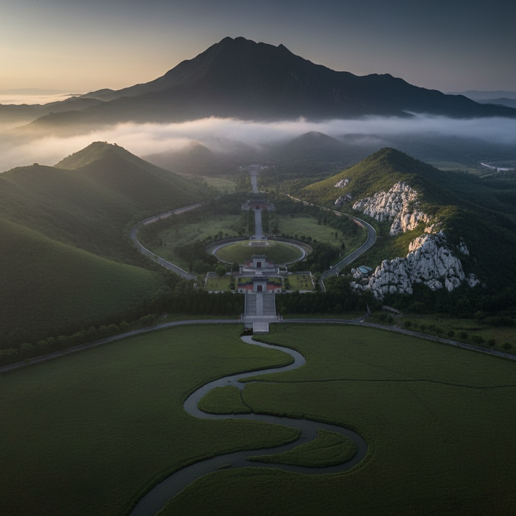 Địa hình phong thủy âm trạch lý tưởng với núi bao quanh và suối nước phía trước