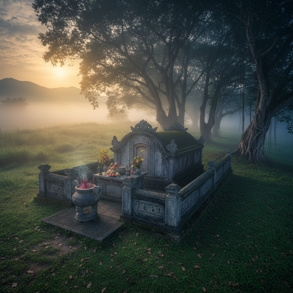 Mộ phần truyền thống Việt Nam trên đồi với bát hương và cây xanh