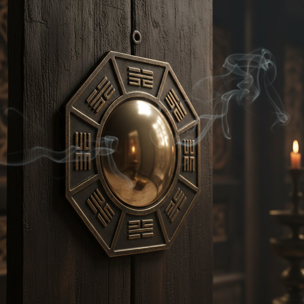 Gương Bát Quái đồng bát giác treo trên tường gỗ, tám quẻ trigram rõ nét xung quanh gương lồi, khói hương và nến