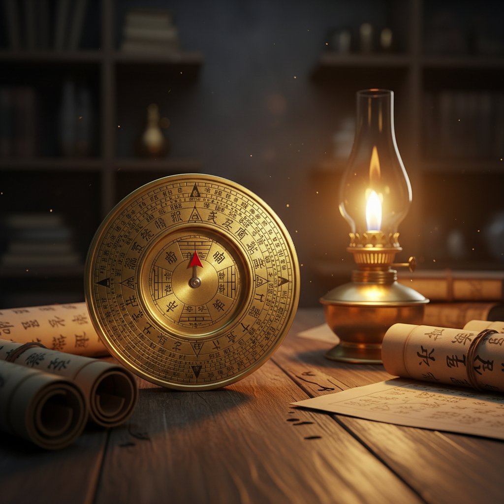 La bàn Luopan phong thủy đồng vàng với các vòng đồng tâm và tám quẻ Bát Quái, bên cạnh cuộn trúc cổ và đèn dầu