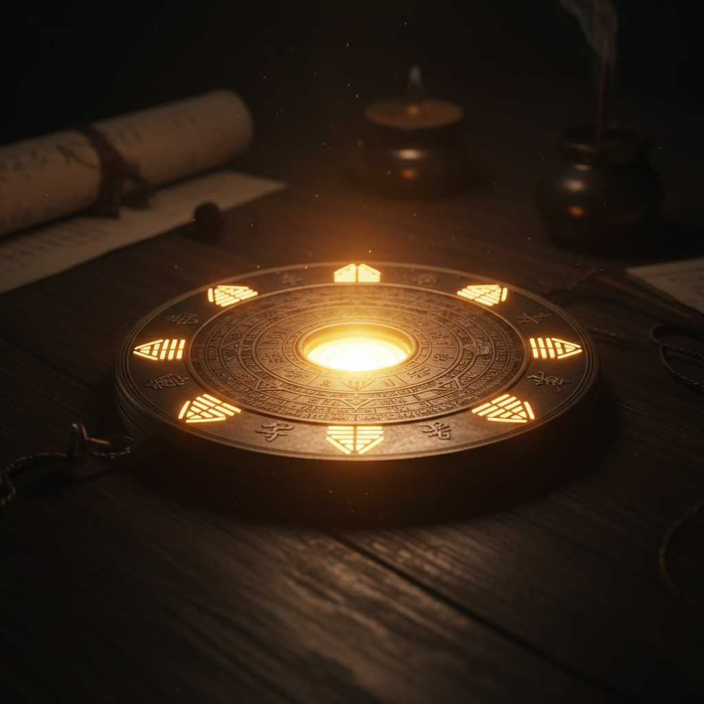 La bàn Luopan phong thủy với 8 quái Bát Quái phát sáng — minh họa hệ thống Bát Trạch