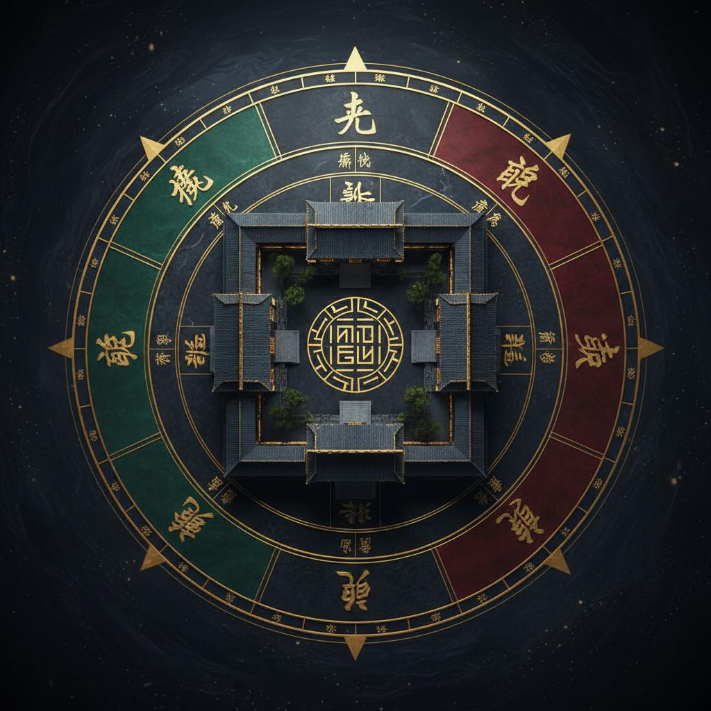 Sơ đồ nhà tứ hợp viện nhìn từ trên xuống với 8 hướng cát hung theo Bát Trạch