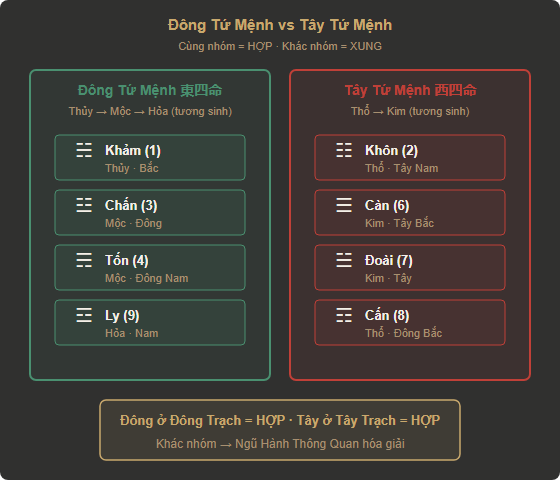 Sơ đồ Đông Tứ Mệnh vs Tây Tứ Mệnh — 8 quái chia 2 nhóm