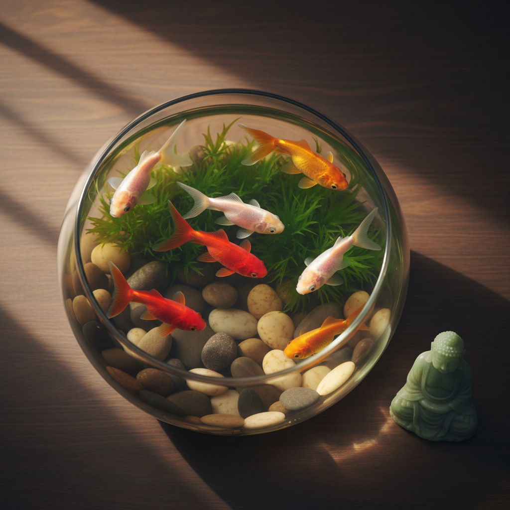Bể cá vàng phong thủy tròn với 6 con cá vàng đỏ trắng bơi giữa cây thủy sinh