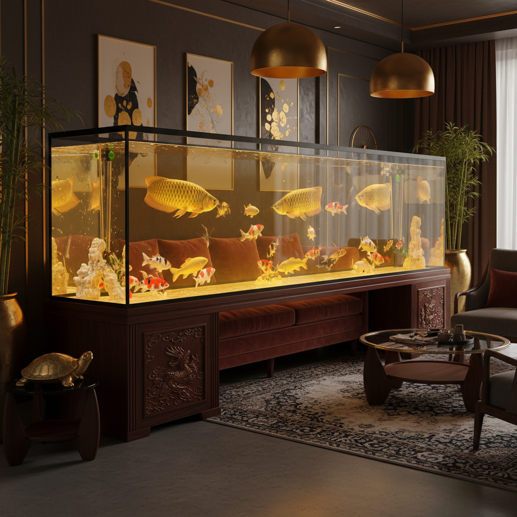 Bể cá phong thủy trong phòng khách — cá rồng Arowana và cá Koi bơi trong bể kính sang trọng