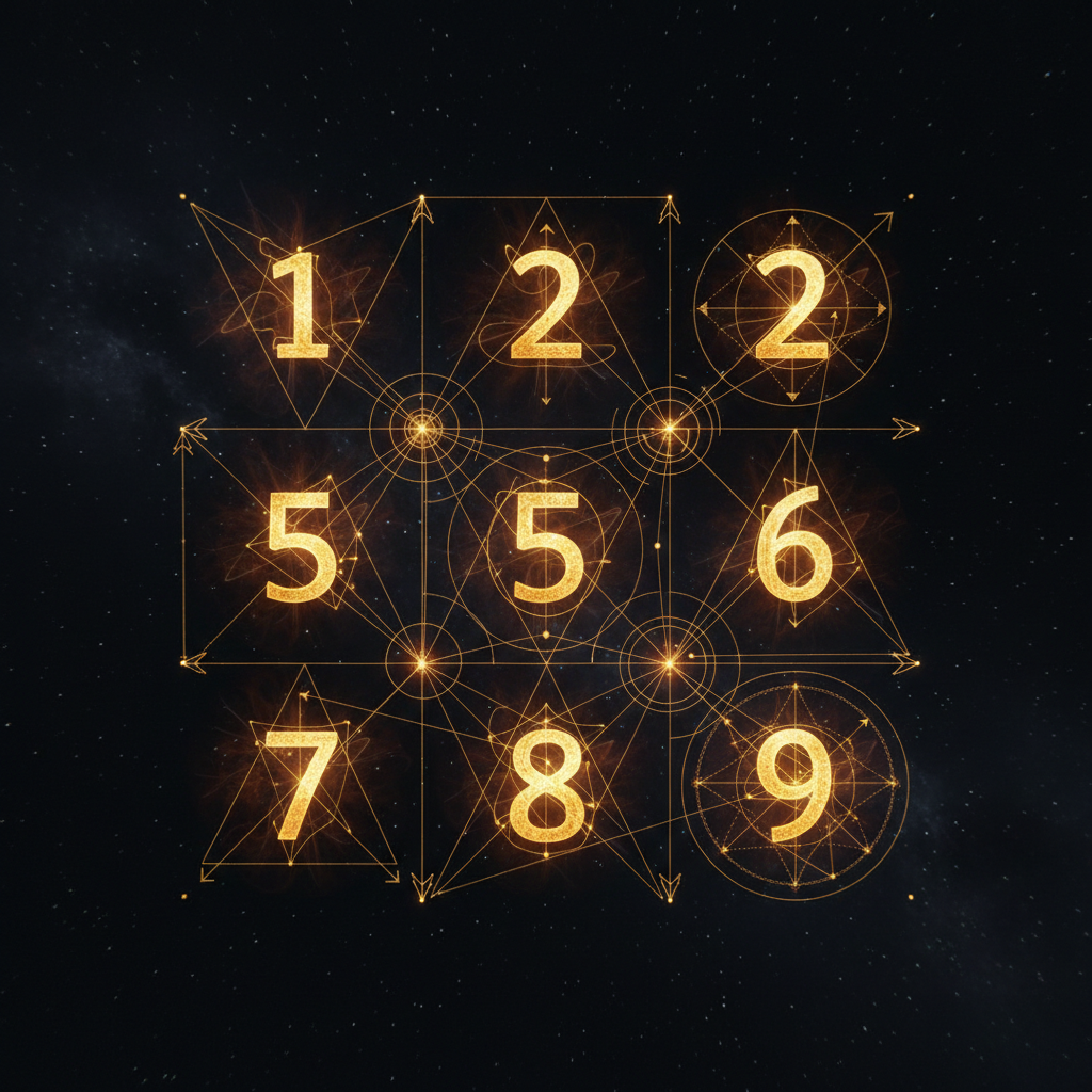 Biểu đồ ngày sinh Thần Số Học — lưới 3×3 với 9 con số phát sáng