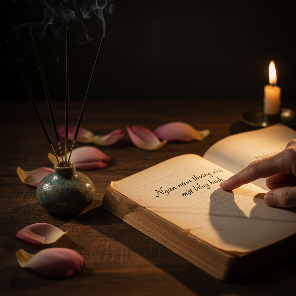 Trang sách Truyện Kiều cổ với bút lông chỉ vào một cặp lục bát, bên cạnh là đĩa trầm hương đang cháy