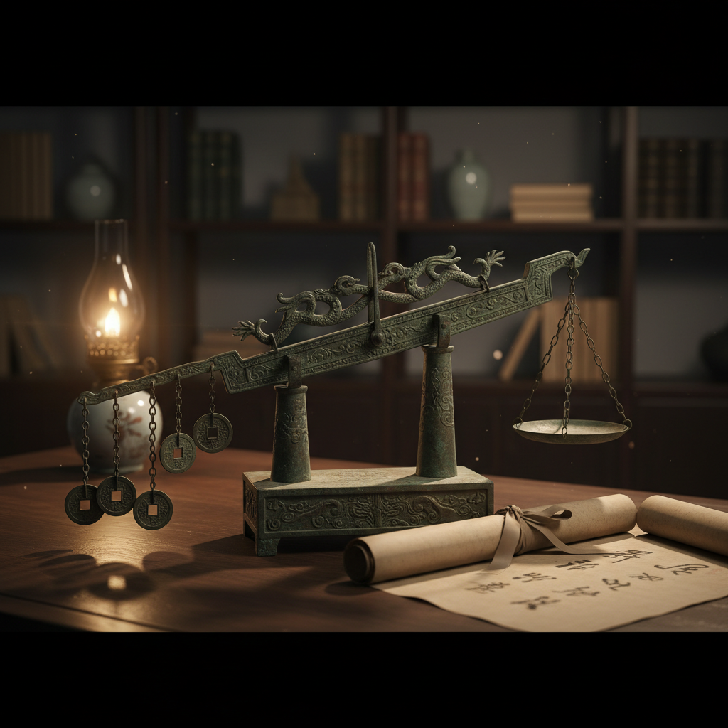 Chiếc cân cổ đời Đường với quả cân đồng và cuốn sách Xưng Cốt Ca