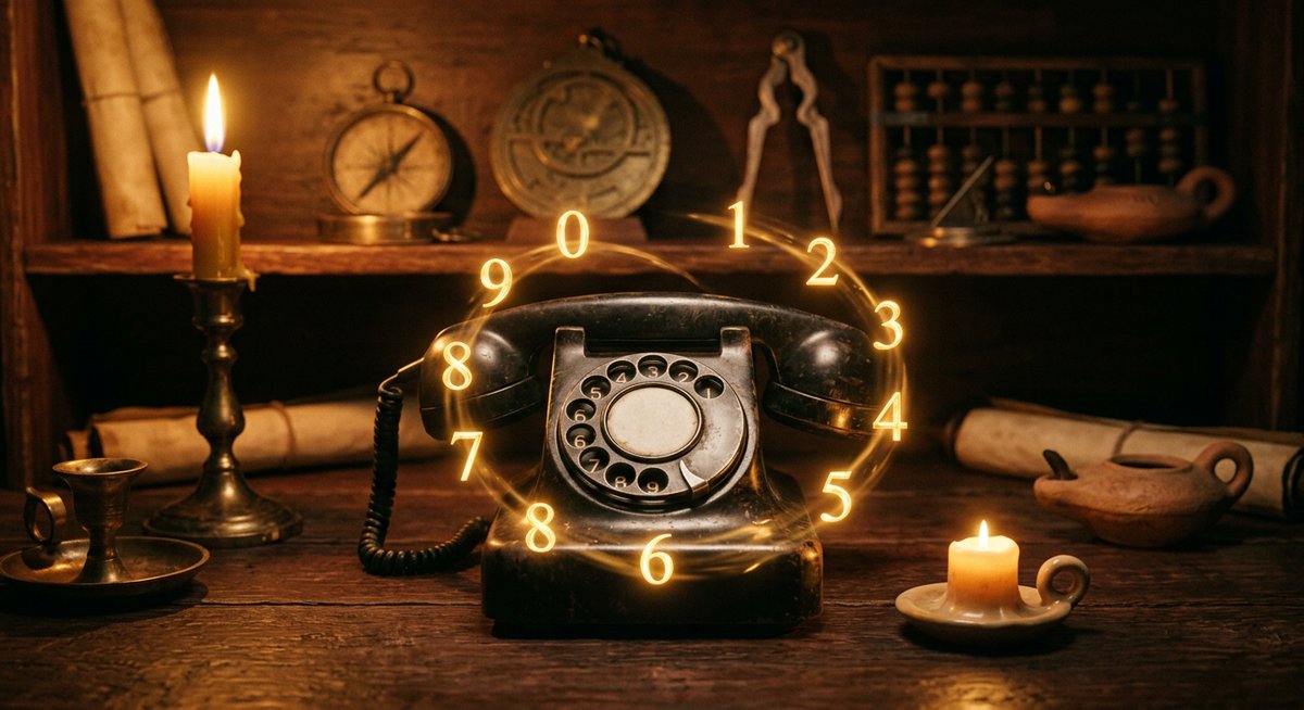 Mặt quay số điện thoại cổ bao quanh bởi các con số vàng phát sáng, biểu tượng năng lượng Thần Số Học