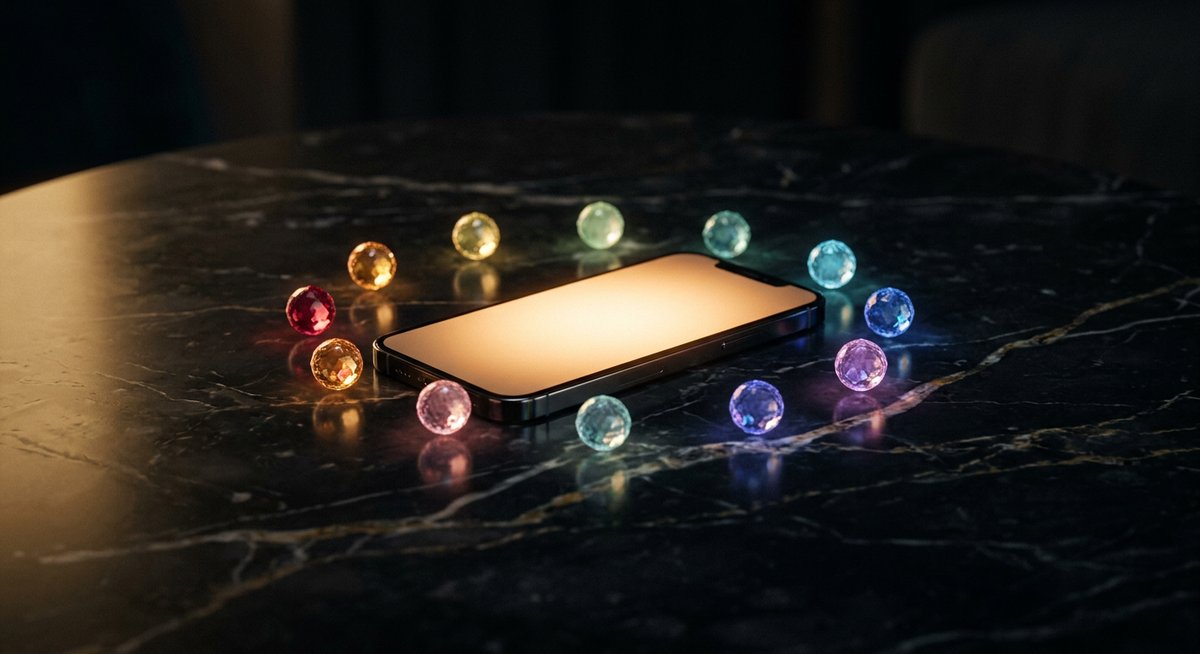 Smartphone trên mặt đá cẩm thạch tối bao quanh bởi các quả cầu pha lê phát sáng đại diện cho 9 năng lượng số