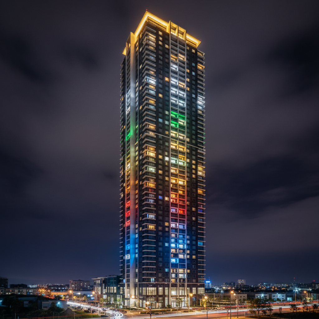Tòa chung cư với các tầng phát sáng theo Ngũ Hành