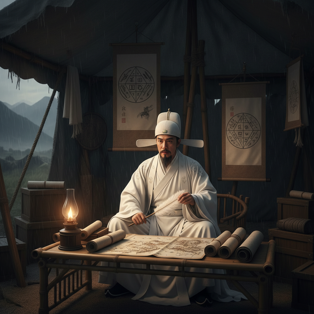 Gia Cát Lượng ngồi trong lều quân sư với quạt lông vũ và bản đồ