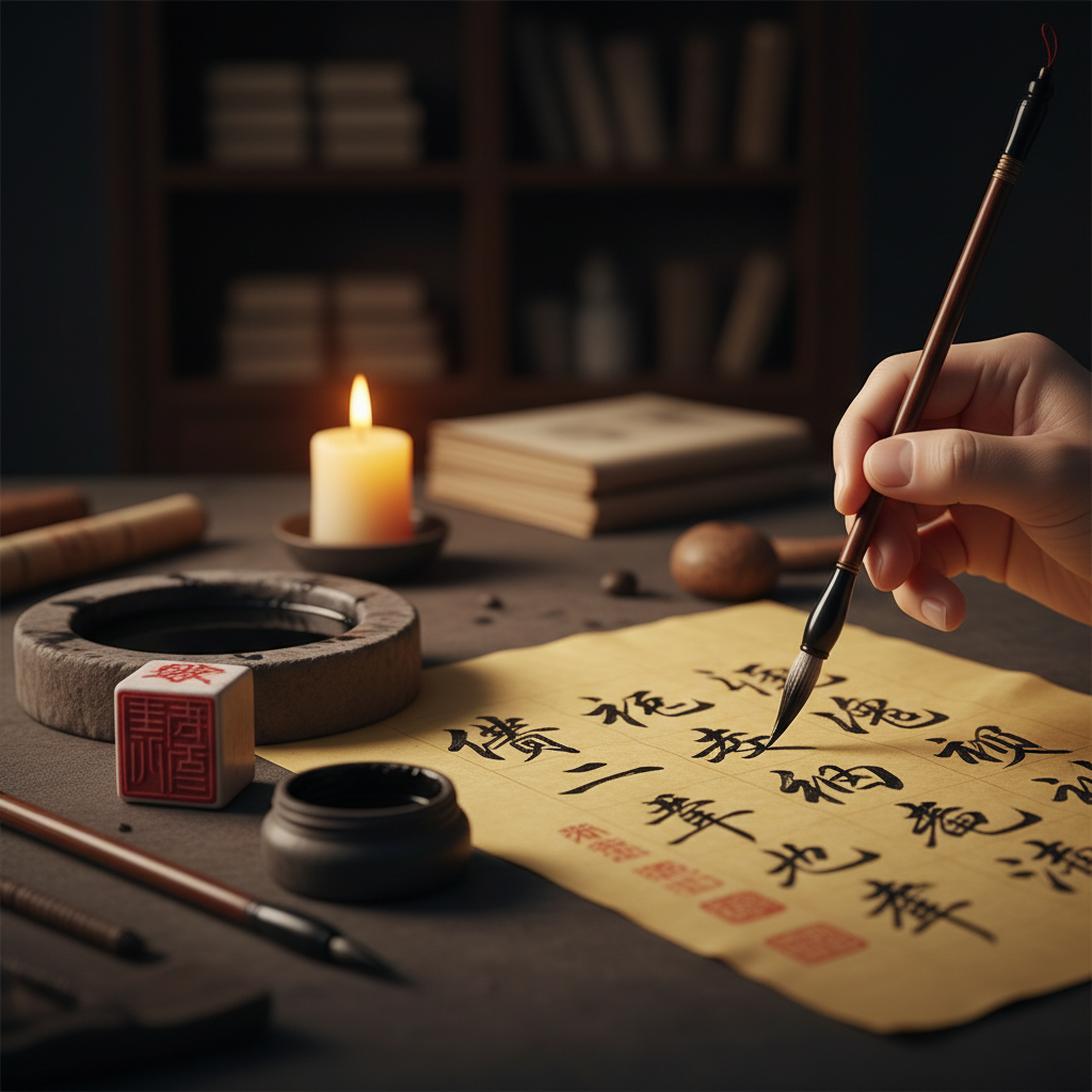 Sách cổ Chư Cát Thần Số với bàn tay đang viết chữ Hán trên giấy