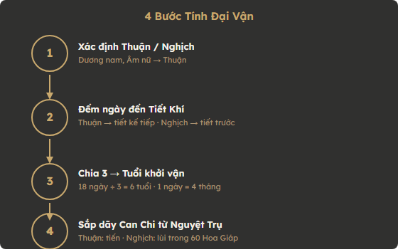 4 bước tính Đại Vận: xác định thuận nghịch, đếm ngày, chia 3, sắp Can Chi