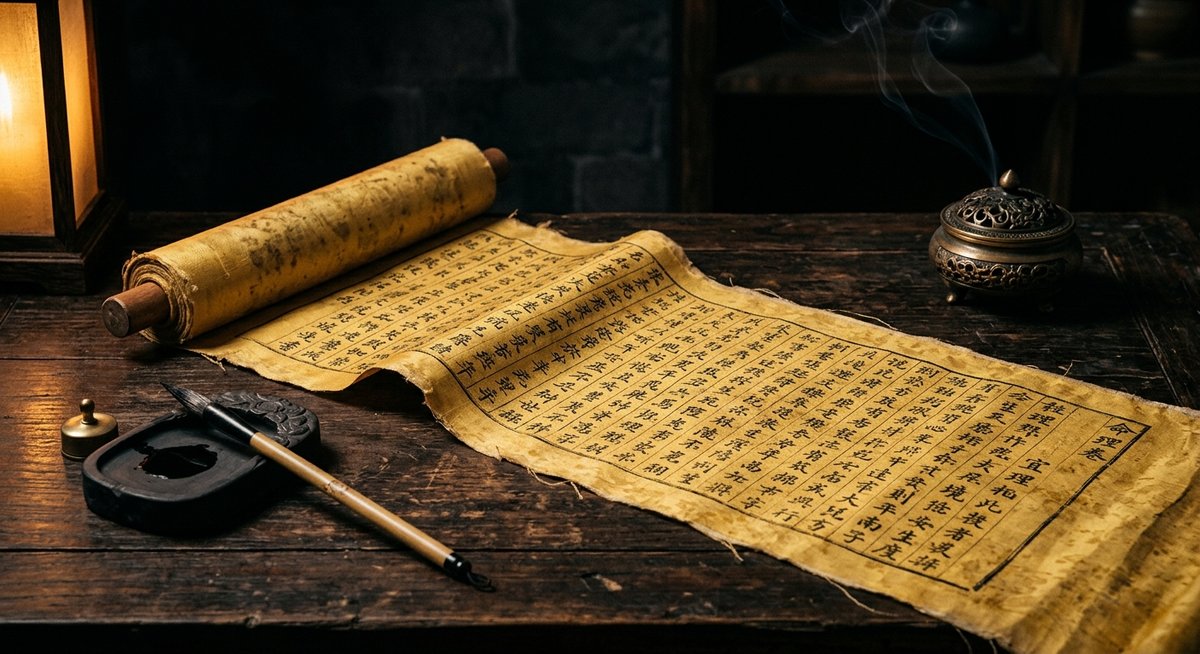 Lá số Tứ Trụ Bát Tự cổ trên bàn gỗ với bút lông và mực tàu