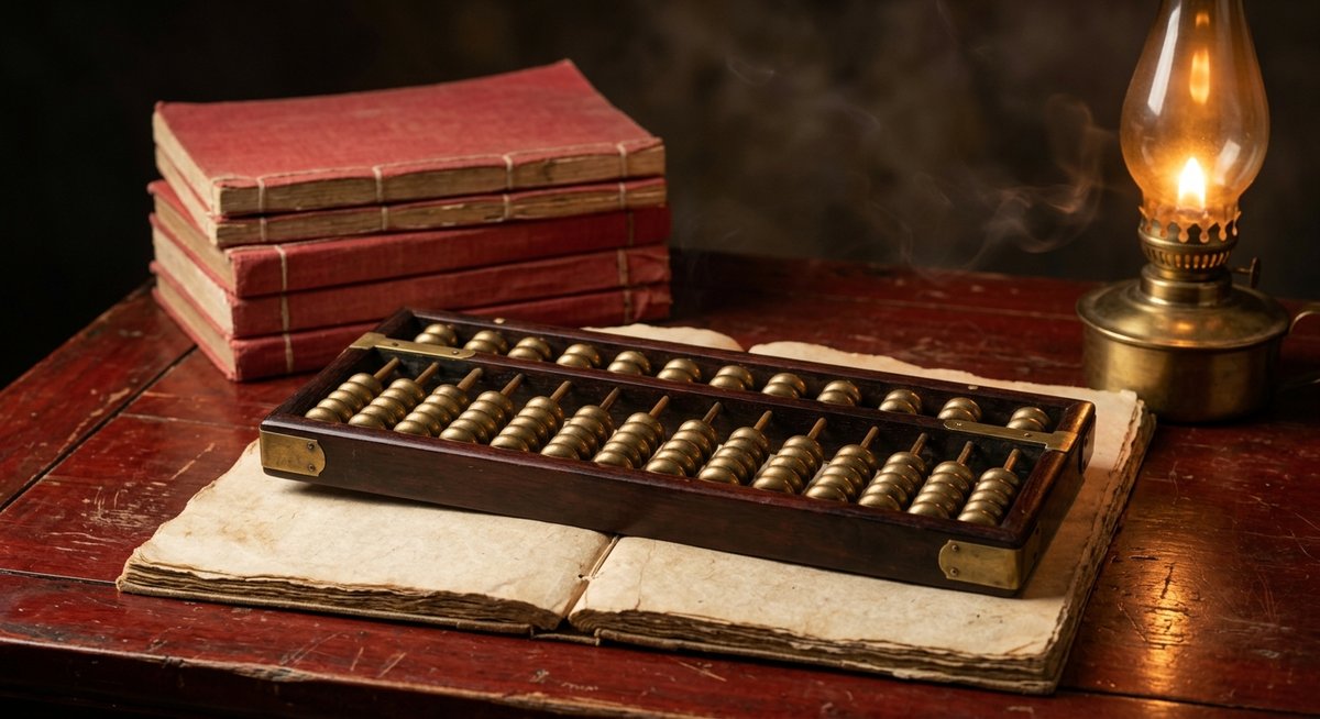 La bàn phong thủy Luopan và cuốn sách cổ Tứ Trụ trên bàn thờ