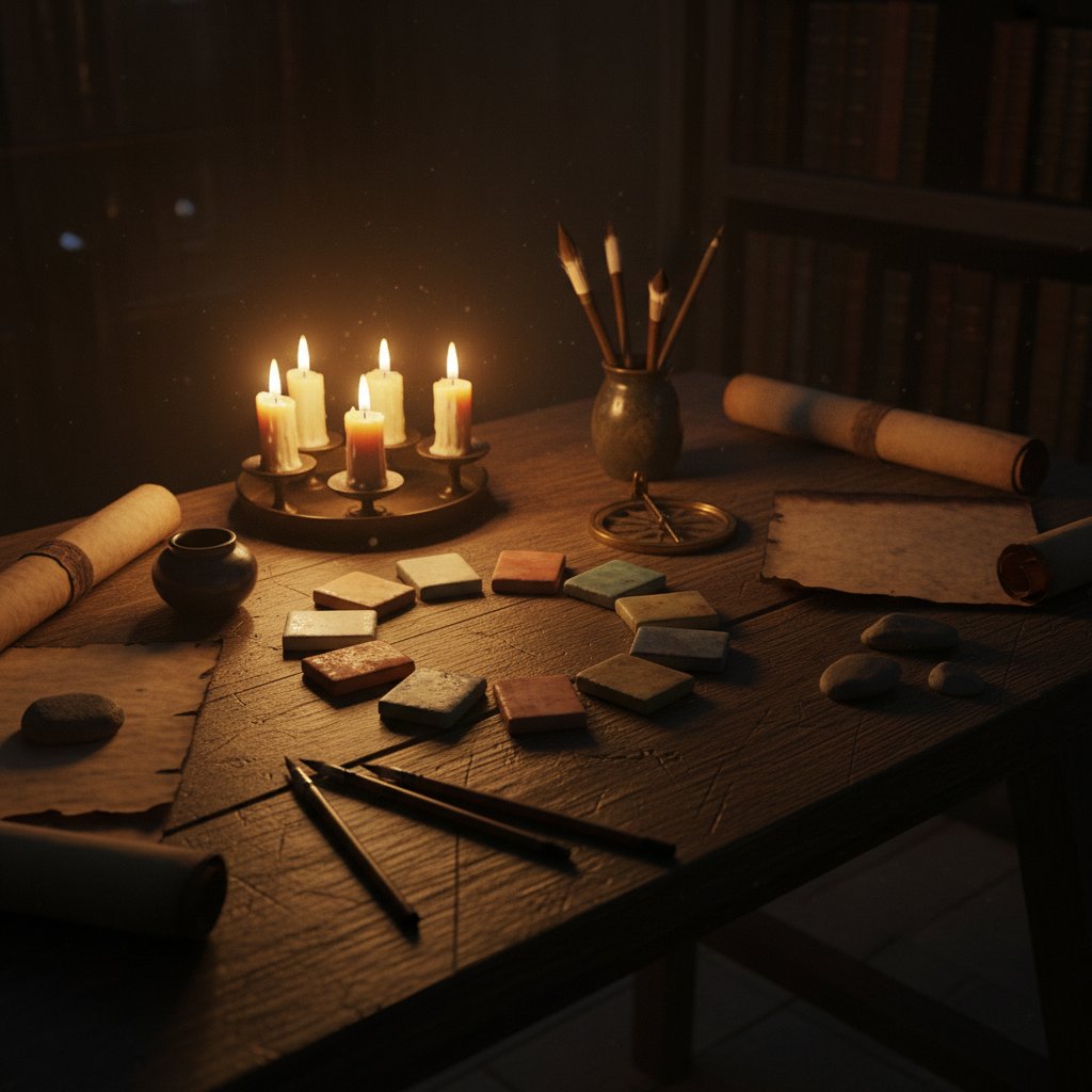 Bàn gỗ cổ với 12 ô đất sét khắc hoa văn khác nhau xếp thành vòng tròn trong ánh nến vàng huyền bí