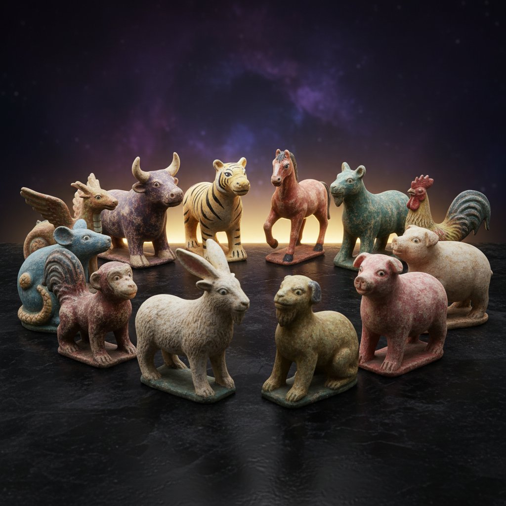 12 tượng đất sét cổ mô hình 12 con vật xếp thành vòng tròn trên nền đá đen trong ánh sáng huyền bí