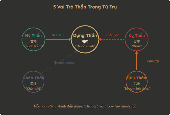 Sơ đồ 5 vai trò Thần trong Tứ Trụ: Dụng Thần, Hỷ Thần, Kỵ Thần, Cừu Thần, Nhàn Thần