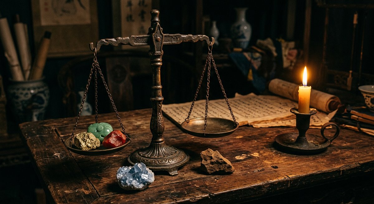 La bàn phong thủy Luopan và cuốn sách cổ Tử Bình trên bàn gỗ với bút lông