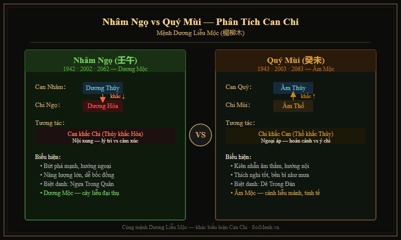 Sơ đồ so sánh Can Chi Nhâm Ngọ và Quý Mùi trong mệnh Dương Liễu Mộc