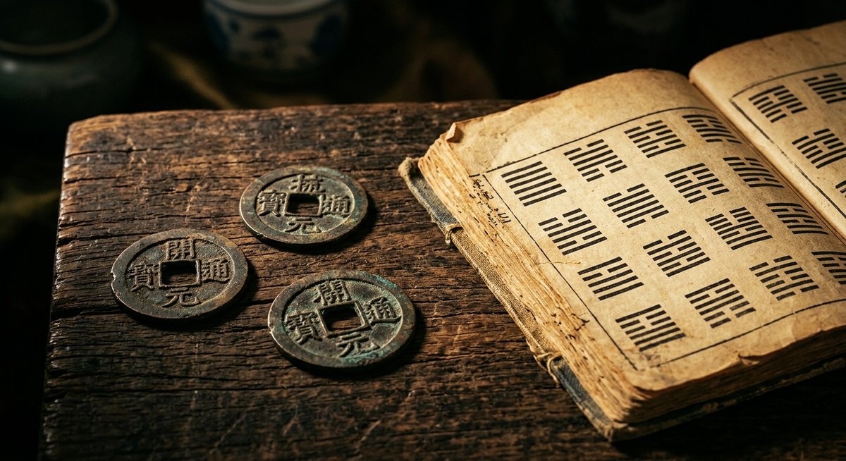 Gieo quẻ Kinh Dịch bằng 3 đồng xu cổ trên bàn gỗ