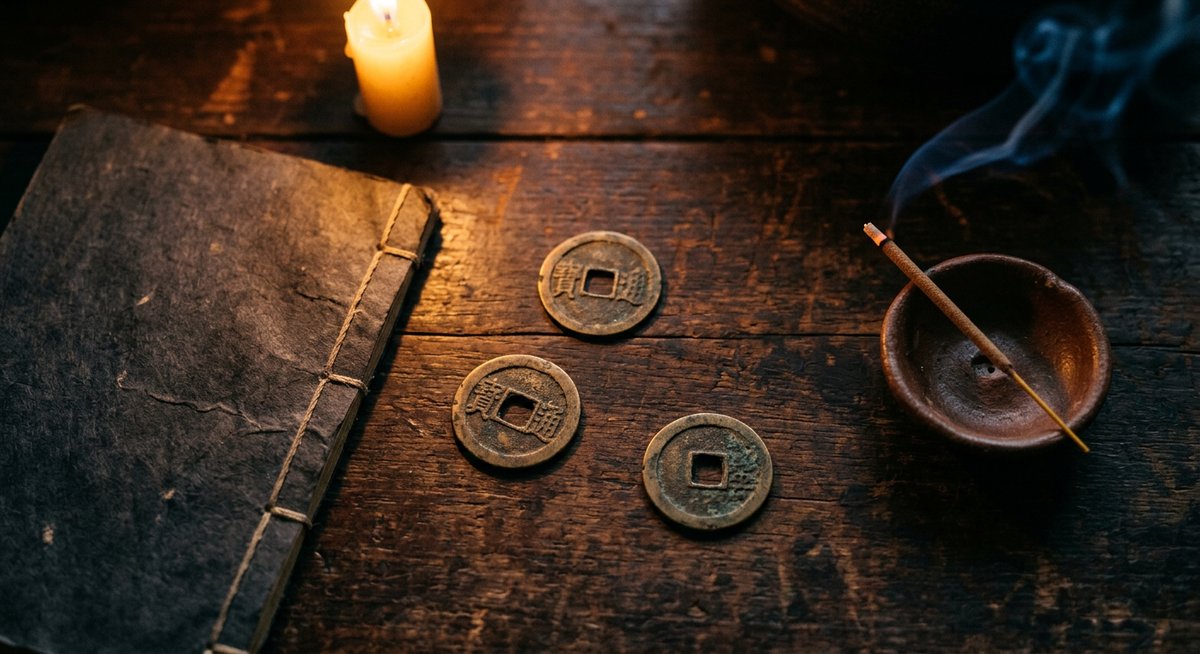 Ba đồng xu cổ Trung Hoa trên bàn gỗ cạnh sách Kinh Dịch