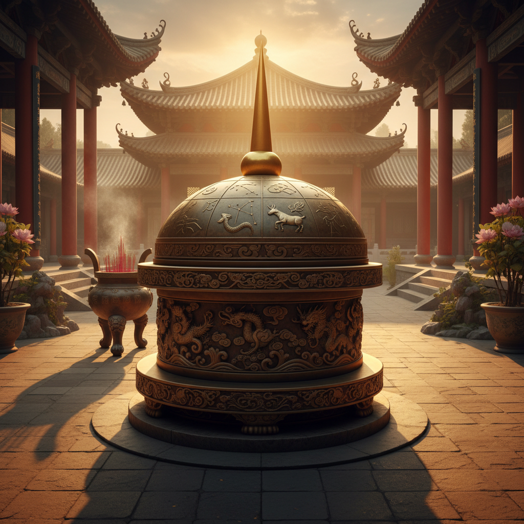 Nhật quỹ (đồng hồ mặt trời) cổ đại trong sân đền, gợi nhớ truyền thống chọn giờ Hoàng Đạo