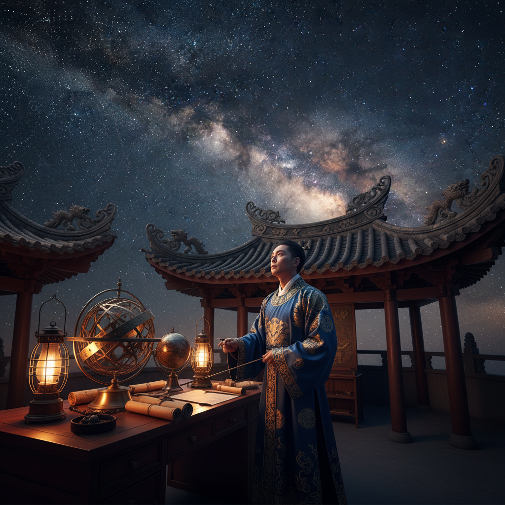 Nhà thiên văn cổ đại quan sát bầu trời đêm với thiên cầu và thước đo sao