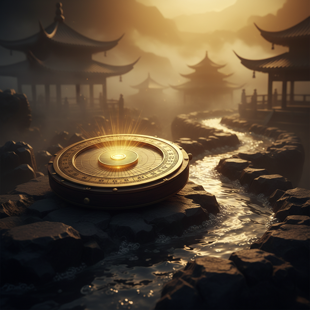 La bàn phong thủy (La Kinh) đặt trên đá cổ với dòng nước chảy phía sau — biểu tượng Hoàng Tuyền trong phong thủy