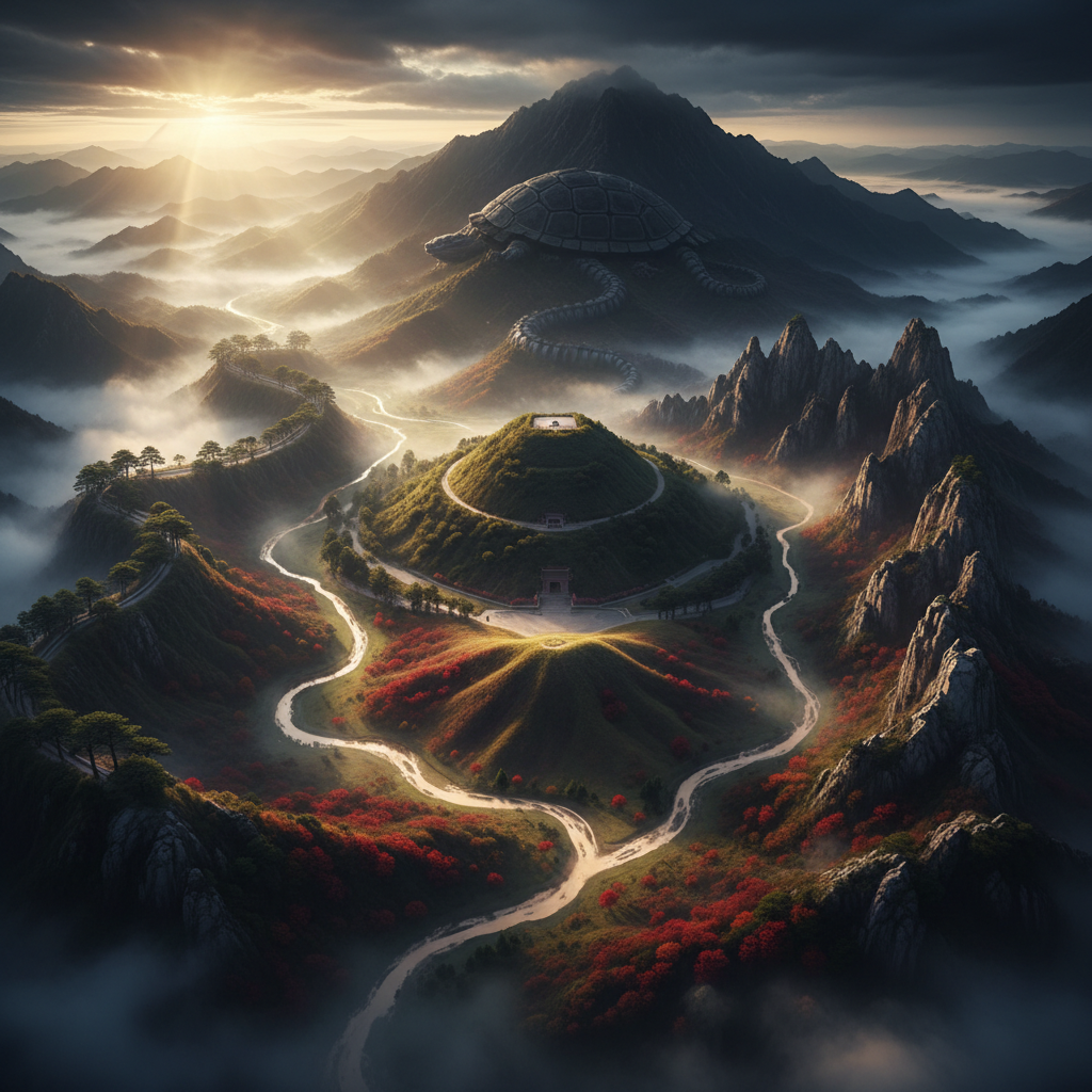 Phong thủy âm trạch — Tứ Linh bao quanh huyệt mộ với dòng nước và núi non