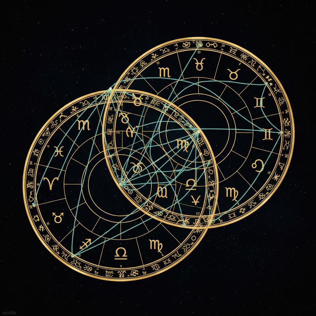 Hợp cung chiêm tinh — hai bản đồ sao chồng lên nhau với các đường nối góc chiếu giữa hành tinh hai người