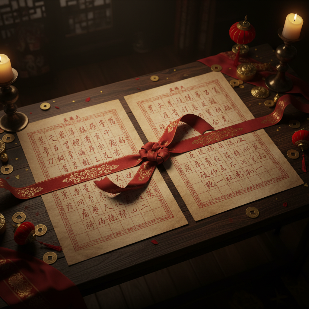 Hai lá số Tứ Trụ cổ đặt cạnh nhau trên bàn gỗ với nến đỏ và ruy băng