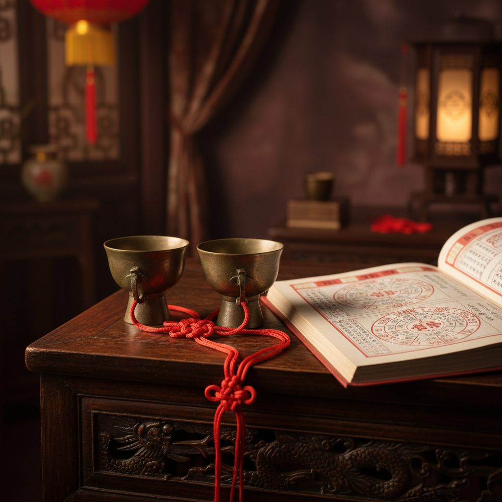 Đồng xu cổ Trung Hoa và sợi chỉ đỏ trên bàn gỗ tượng trưng duyên phận