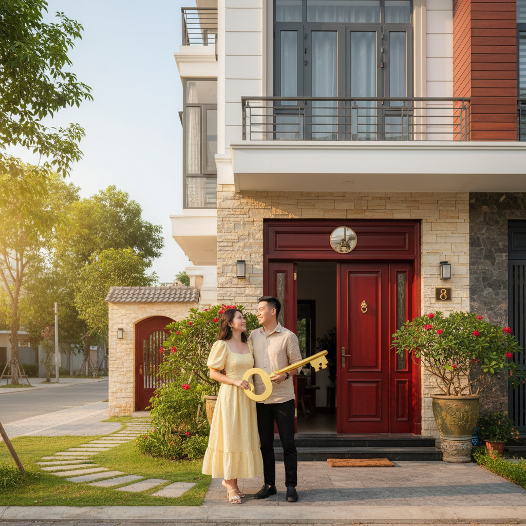 Vợ chồng trẻ cầm chìa khóa vàng trước ngôi nhà mới — xem tuổi mua nhà hợp phong thủy