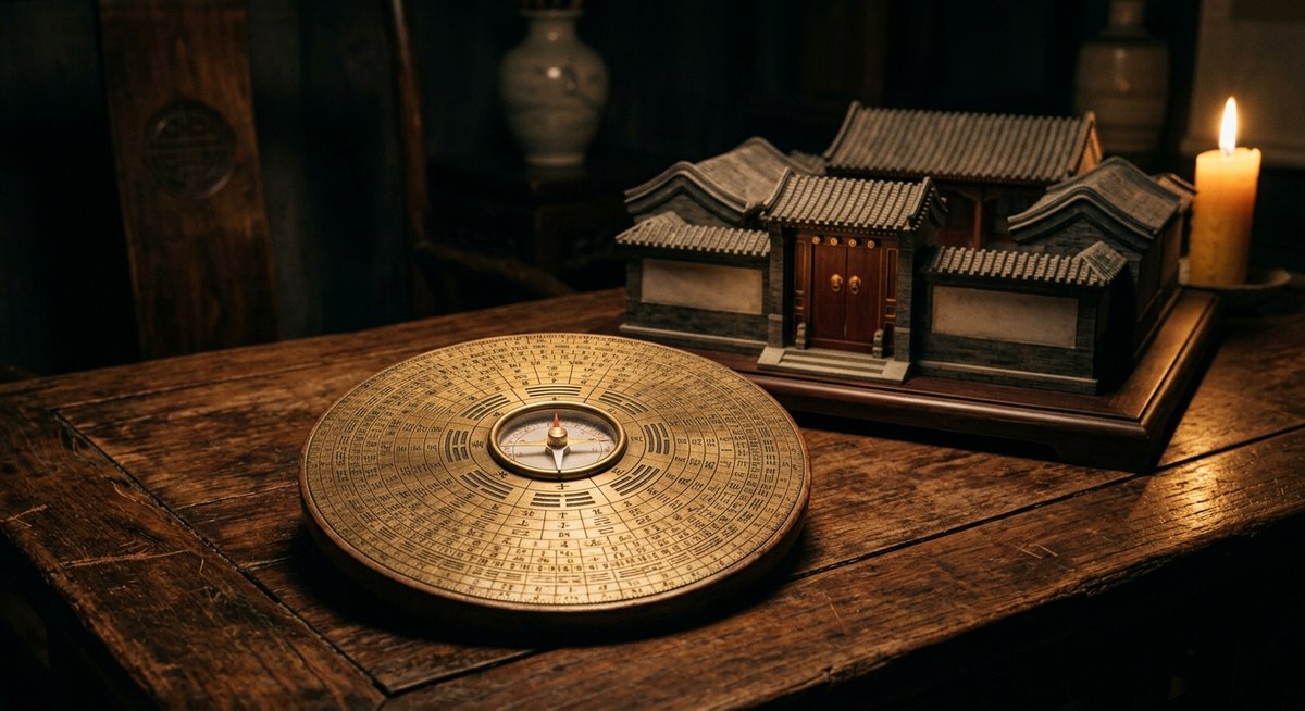 La bàn Luopan phong thủy trên bàn gỗ cổ cạnh mô hình nhà tứ hợp viện Trung Hoa