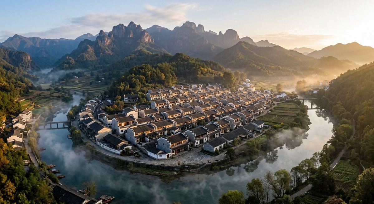 Làng cổ Trung Hoa nhìn từ trên cao — nhà hướng Nam, lưng tựa núi, mặt hướng sông