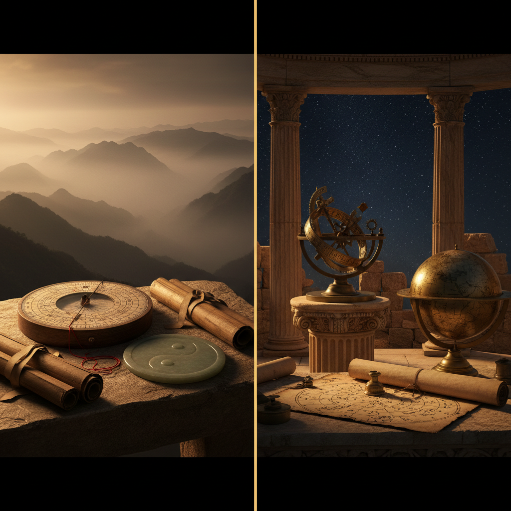 Huyền học phương Đông và phương Tây — la bàn Luopan bên trái, thiên cầu Hy Lạp bên phải