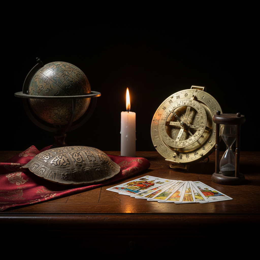 Vật phẩm huyền học Đông Tây trên bàn gỗ: hỗn thiên nghi và mai rùa bên trái, thiên cầu và tarot bên phải