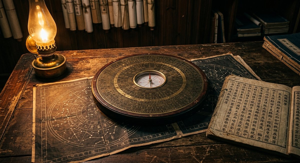 La bàn Luopan phong thủy Huyền Không Phi Tinh trên bàn gỗ cổ